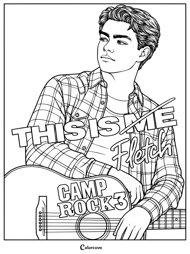 Dibujo para colorear e imprimir de Fletcher Fletch Robinson de la película Camp Rock 3 posando con una guitarra acústica y una camisa de cuadros.
