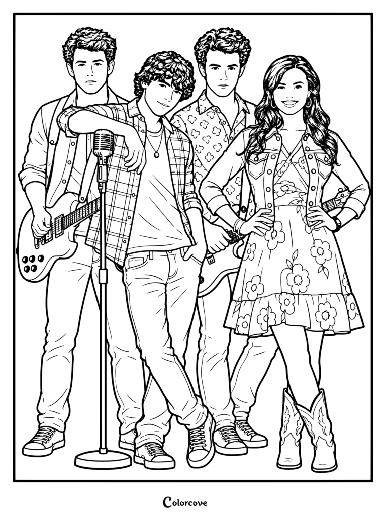 Página para colorear con Nick Jonas, Joe Jonas, Kevin Jonas y Demi Lovato de Camp Rock 2: The Final Jam.