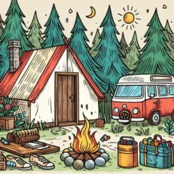 Camping scene coloring page with a tent, camper van, campfire, and forest backdrop. Relaxing outdoor adventure illustration.