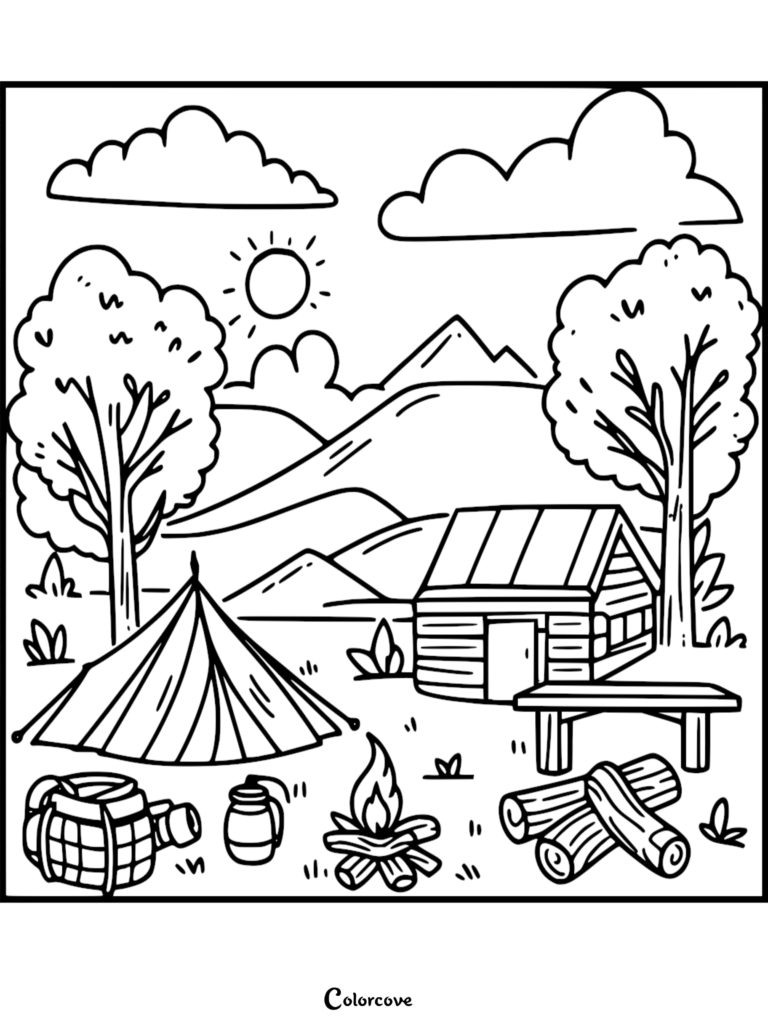 Camping coloring page featuring a tent, log cabin, campfire, and firewood in a mountain landscape.