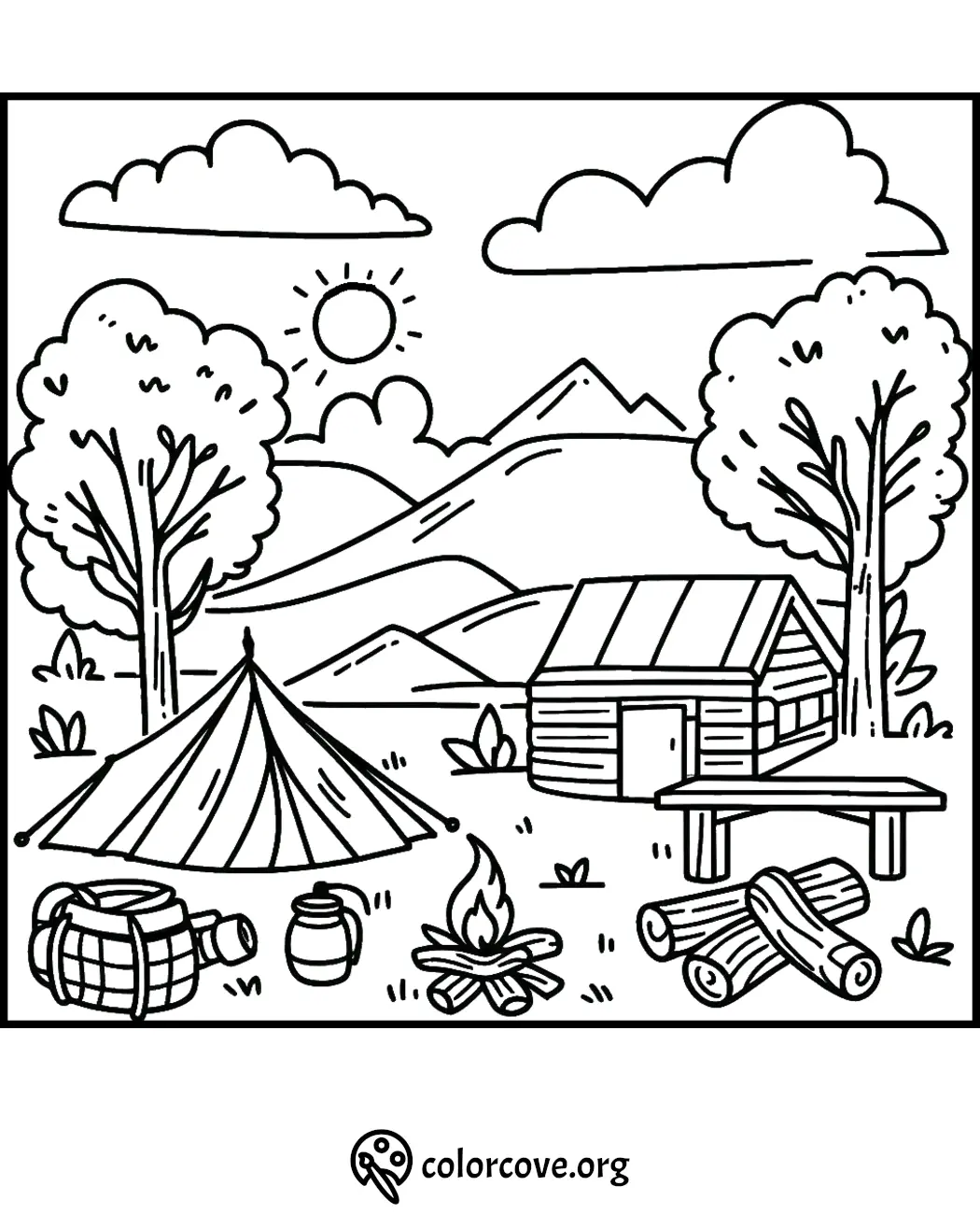 Camping scene coloring page with a tent, campfire, log cabin, and mountains under a sunny sky. Perfect for outdoor enthusiasts.