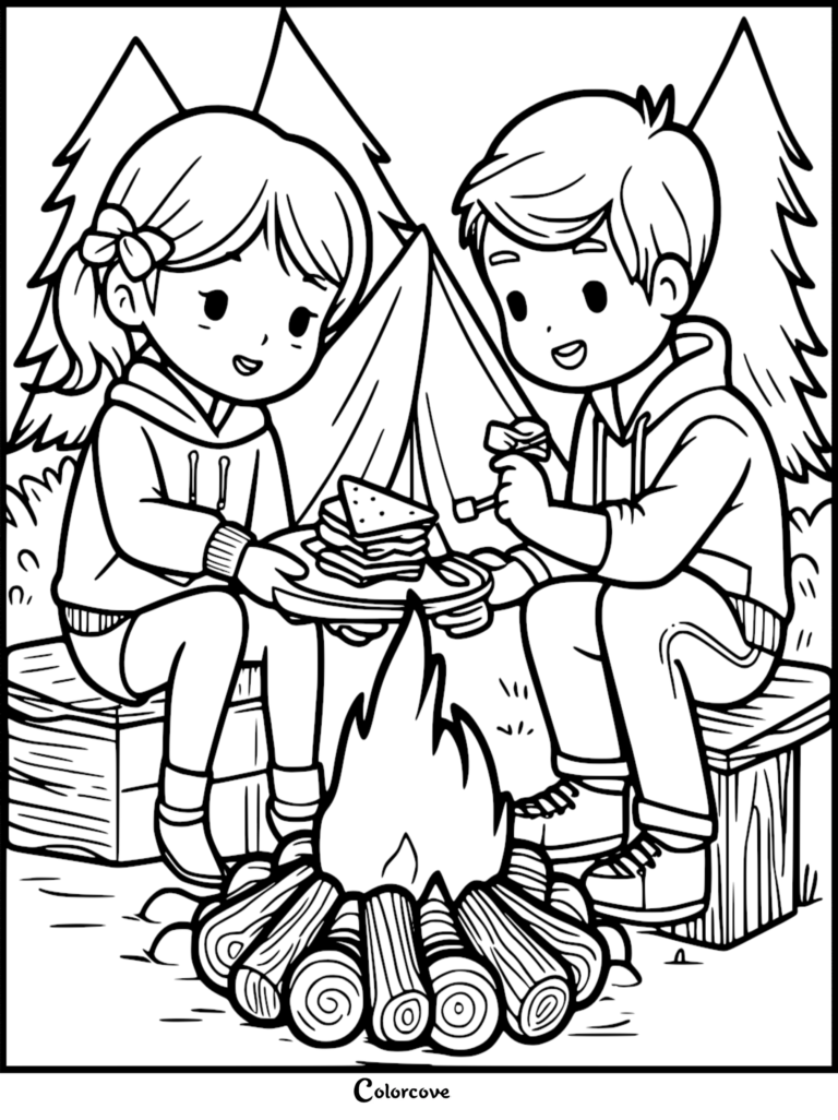 A boy and girl sitting on logs by a campfire roasting s'mores in this Camping Coloring Pages Free Printable 10.