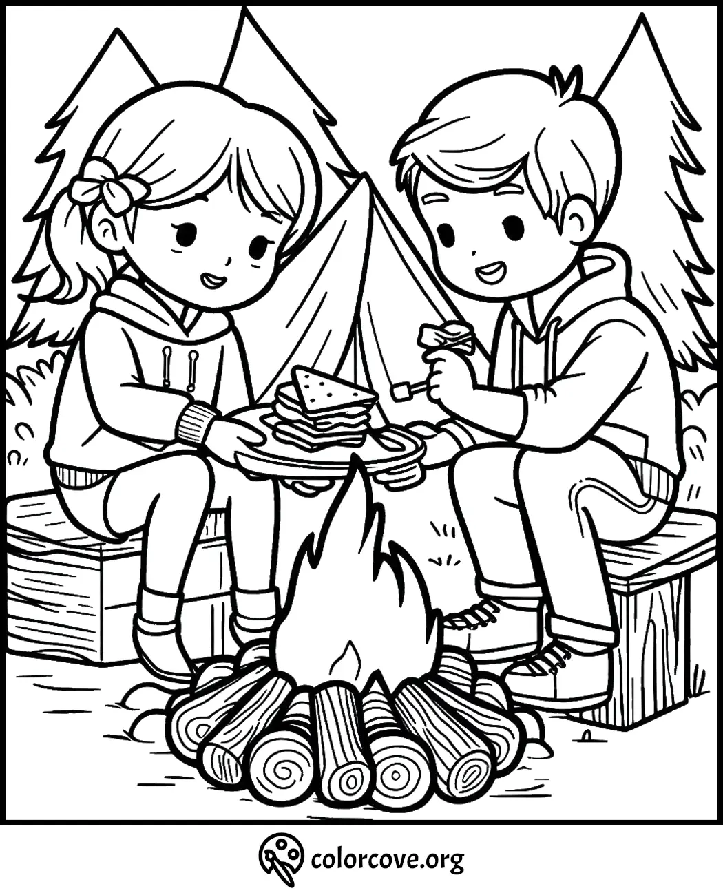 Kids roasting marshmallows at a campfire in a forest. Coloring page for outdoor adventure fun.