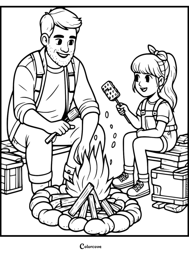 A father and daughter roasting marshmallows over a campfire in this Camping Coloring Pages Free Printable 11 scene.