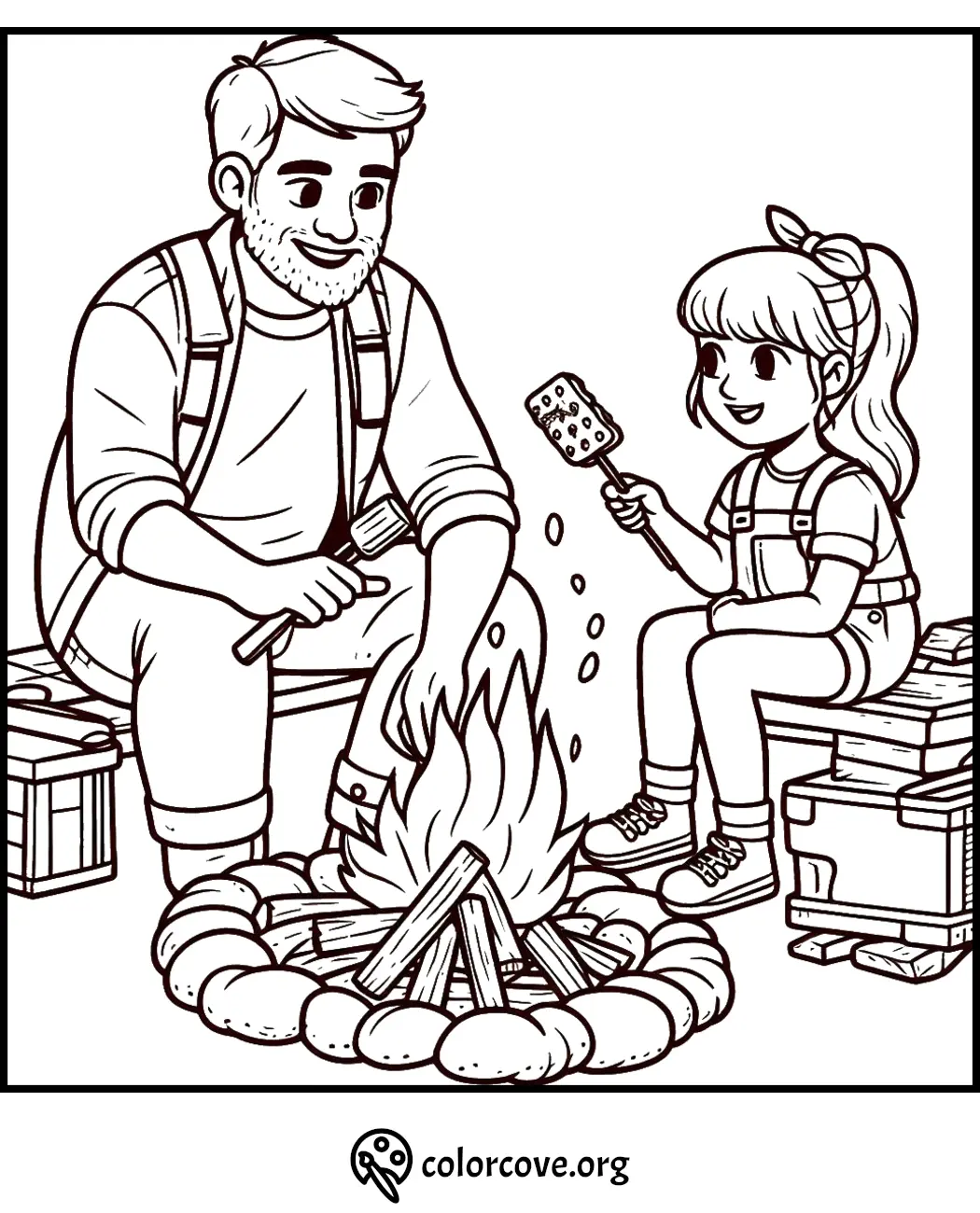 Father and daughter enjoy roasting marshmallows over a campfire in this fun coloring page.