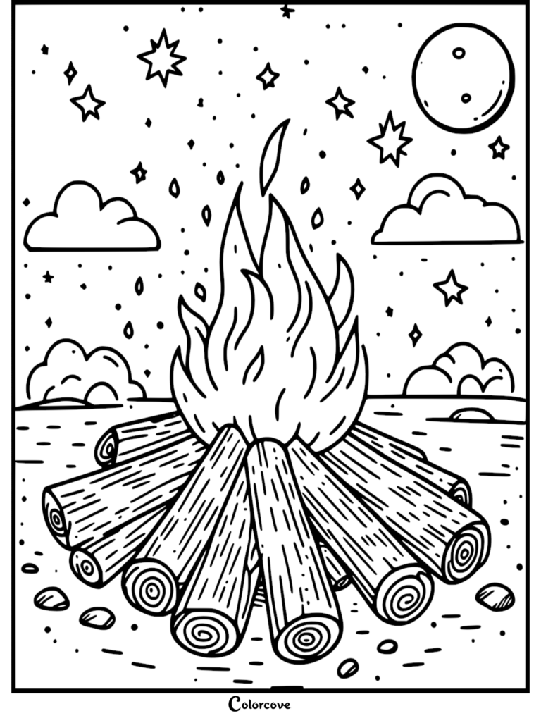A cozy campfire coloring page featuring a crackling fire with logs under a starry night sky with a full moon and clouds.