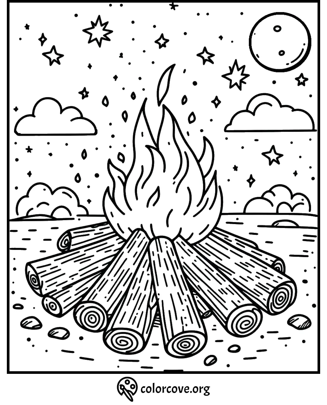 Campfire coloring page with logs, flames, stars, clouds, and a moonlit night sky. Perfect for a cozy, creative activity.