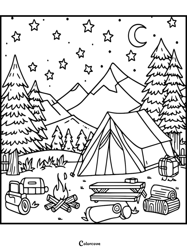 Camping coloring page featuring a tent, campfire, picnic table, and mountains under a starry night sky.