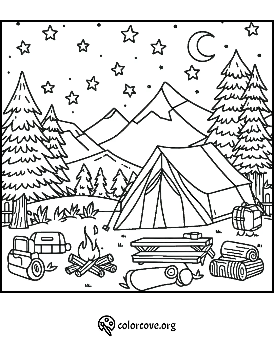 Camping scene coloring page with tent, campfire, stars, and mountains in the background for kids and adults.