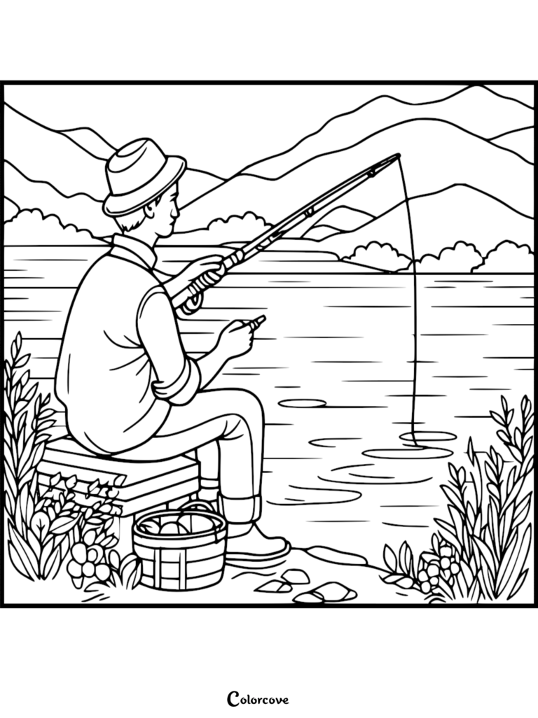 A man in a hat sitting on a crate by a lake fishing with a rod, featured in a camping coloring page.