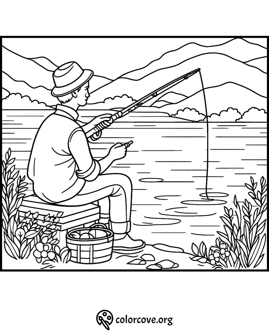 Person fishing by a lake, surrounded by mountains and plants, printable coloring page.