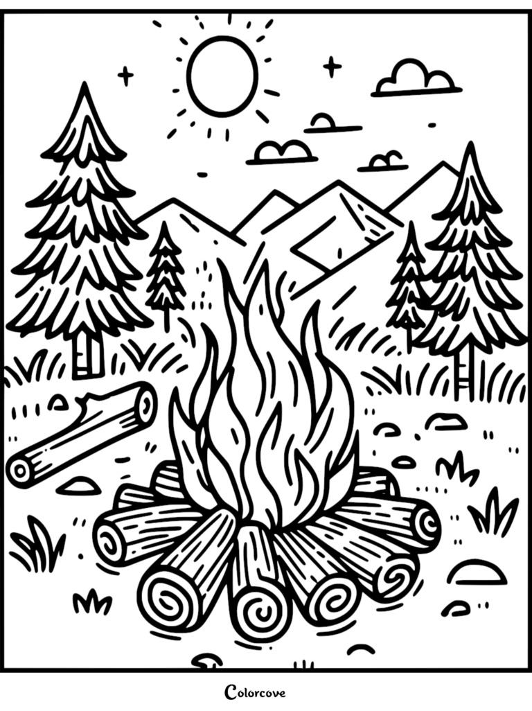 A camping coloring page featuring a crackling campfire surrounded by logs with pine trees and mountains in the background.