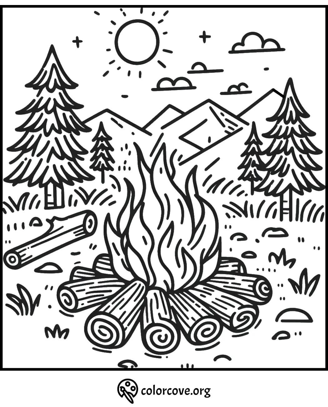 Campfire with logs and trees in a mountain landscape under the sun, coloring page. Perfect for outdoor enthusiasts.