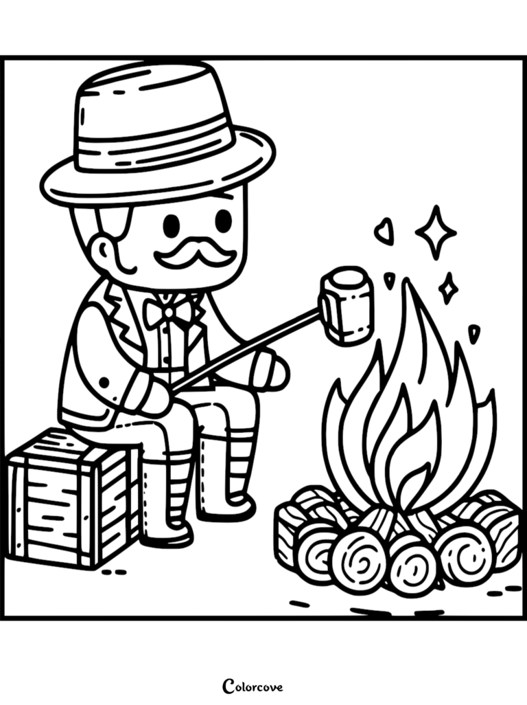 A gentleman with a mustache and hat roasting a marshmallow over a campfire in this printable camping coloring page.