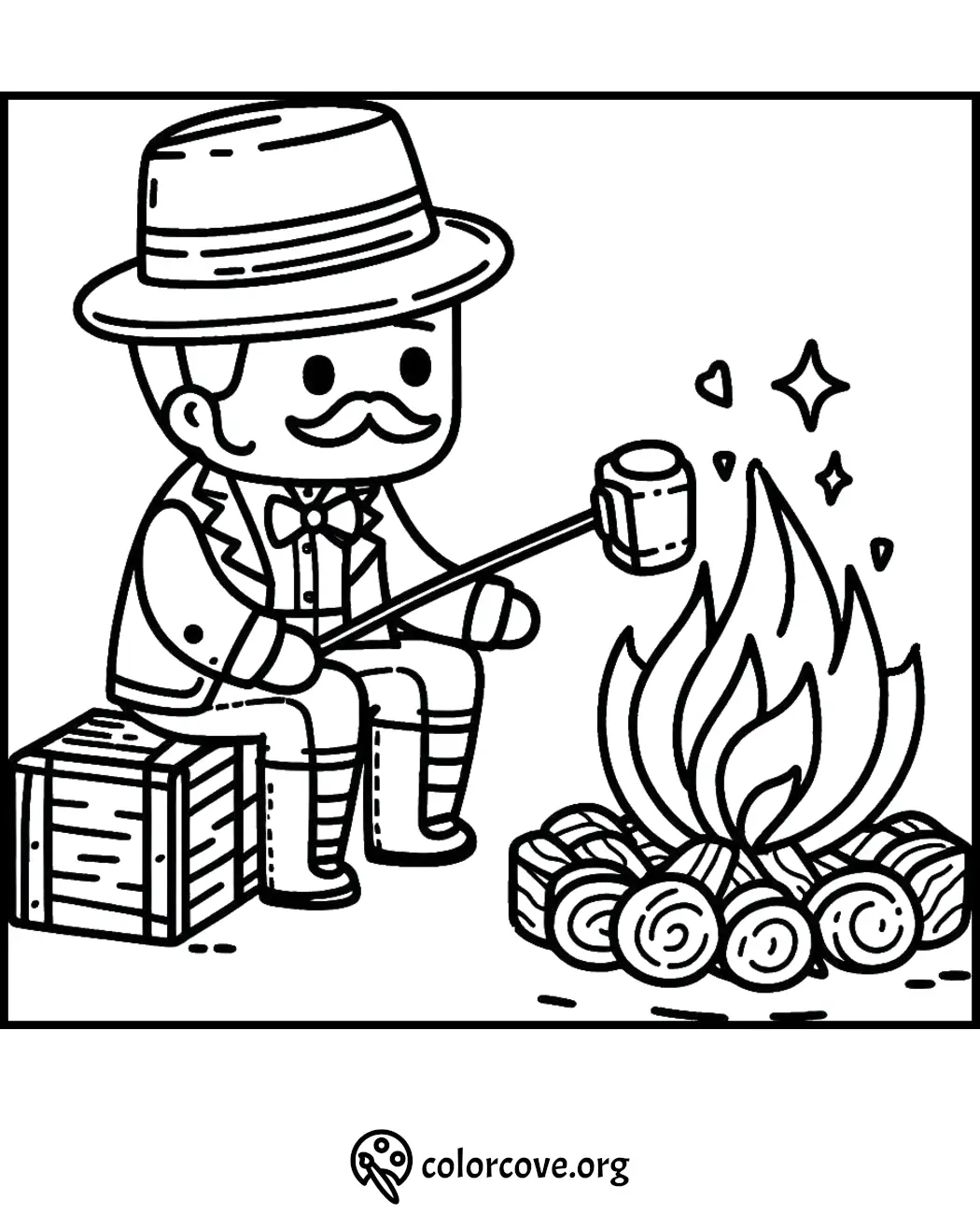 Cartoon man roasting marshmallow by campfire, wearing a hat and suit. Fun camping coloring page for kids at colorcove.org.