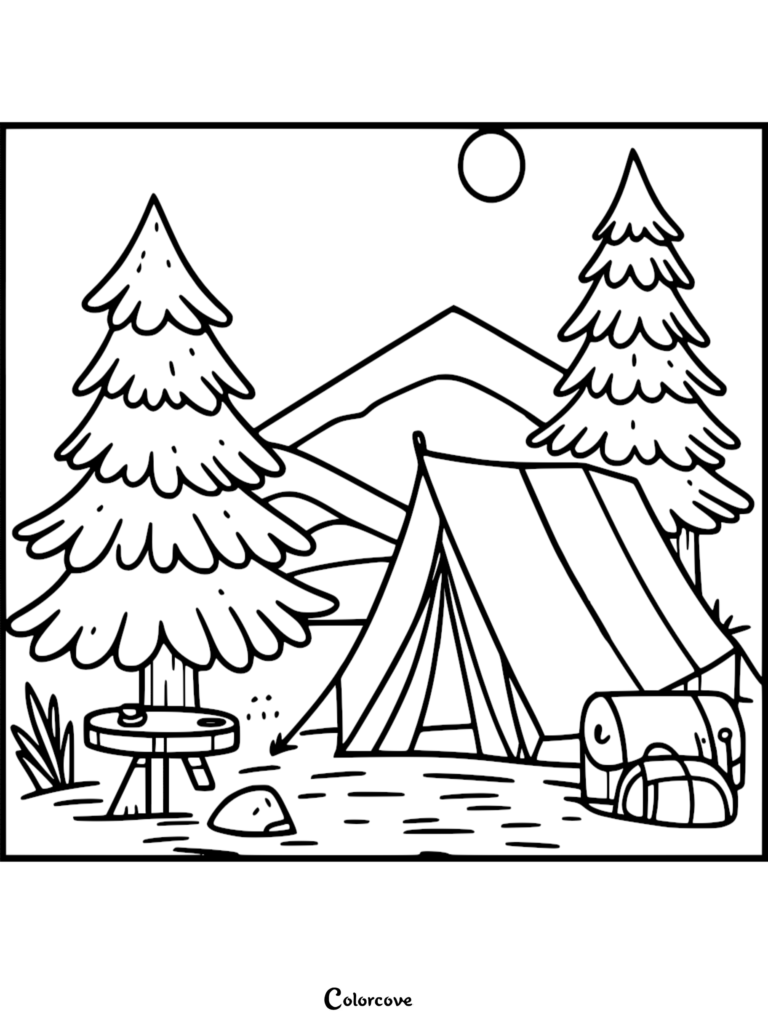 Camping coloring page featuring a tent, pine trees, and mountains in a wilderness setting.