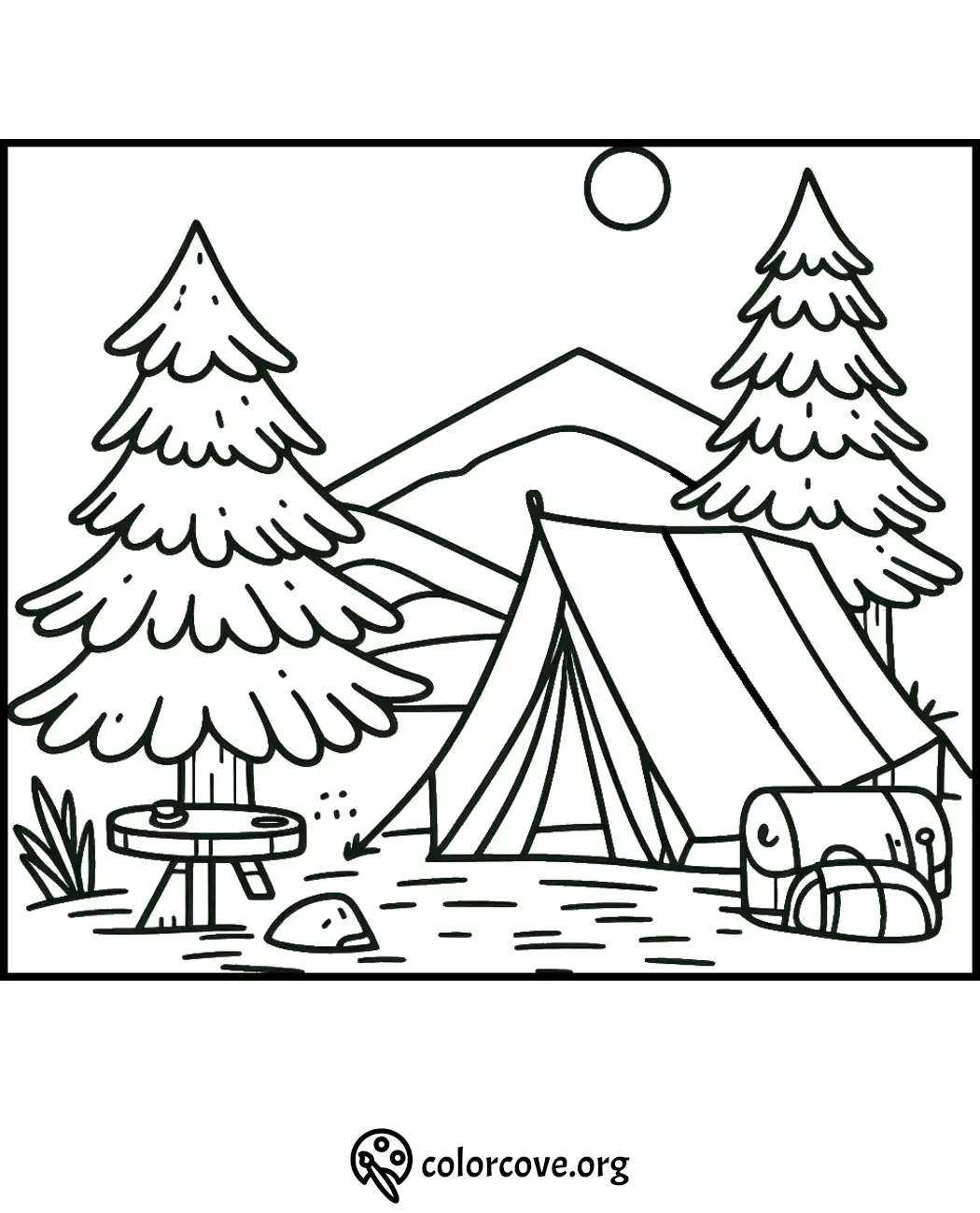 Camping scene coloring page with tent, trees, and campfire under a sunny sky. Perfect for outdoor adventure fun!