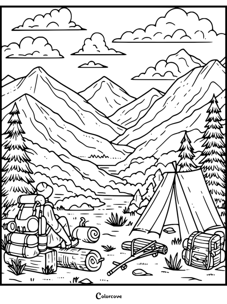 A hiker with a large backpack sitting on a log near a tent and mountain landscape in this printable camping coloring page.