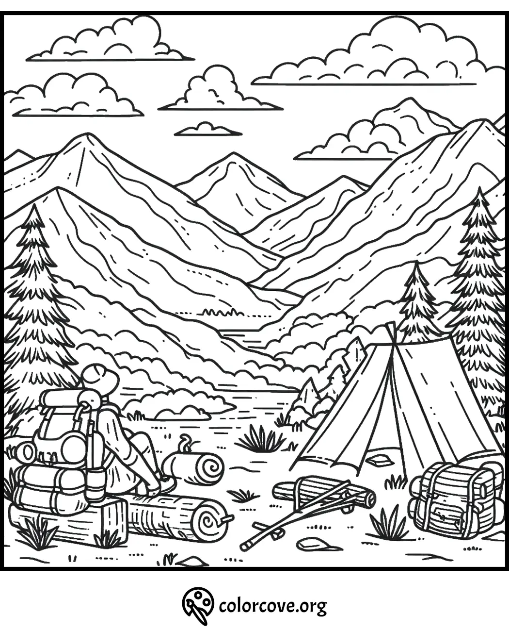 Camping coloring page with mountains, tent, and hiker gear under a cloudy sky. Perfect for outdoor adventure enthusiasts.