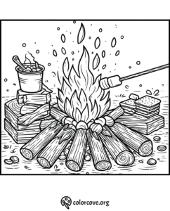 Campfire scene with roasting marshmallow, s'mores, and a mug of hot chocolate ready for coloring.