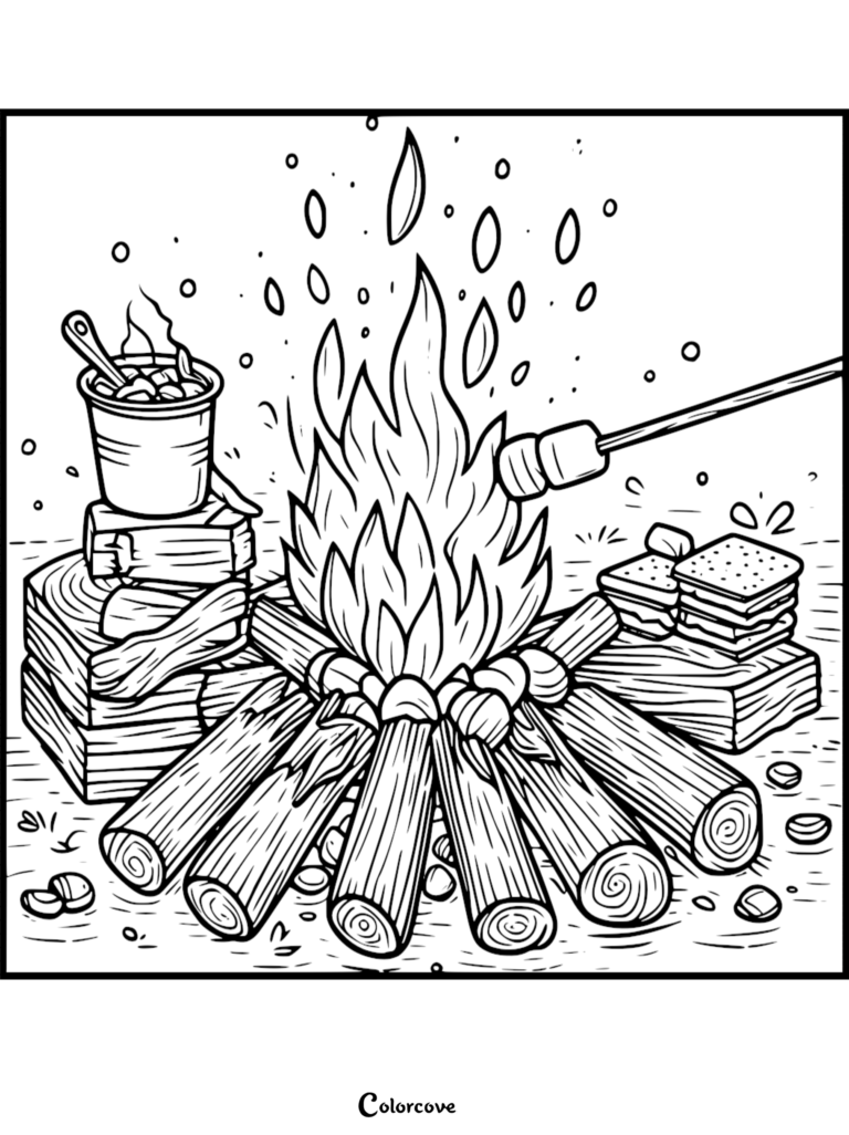 Camping coloring page featuring a crackling campfire with a pot of food and roasting marshmallows on sticks.