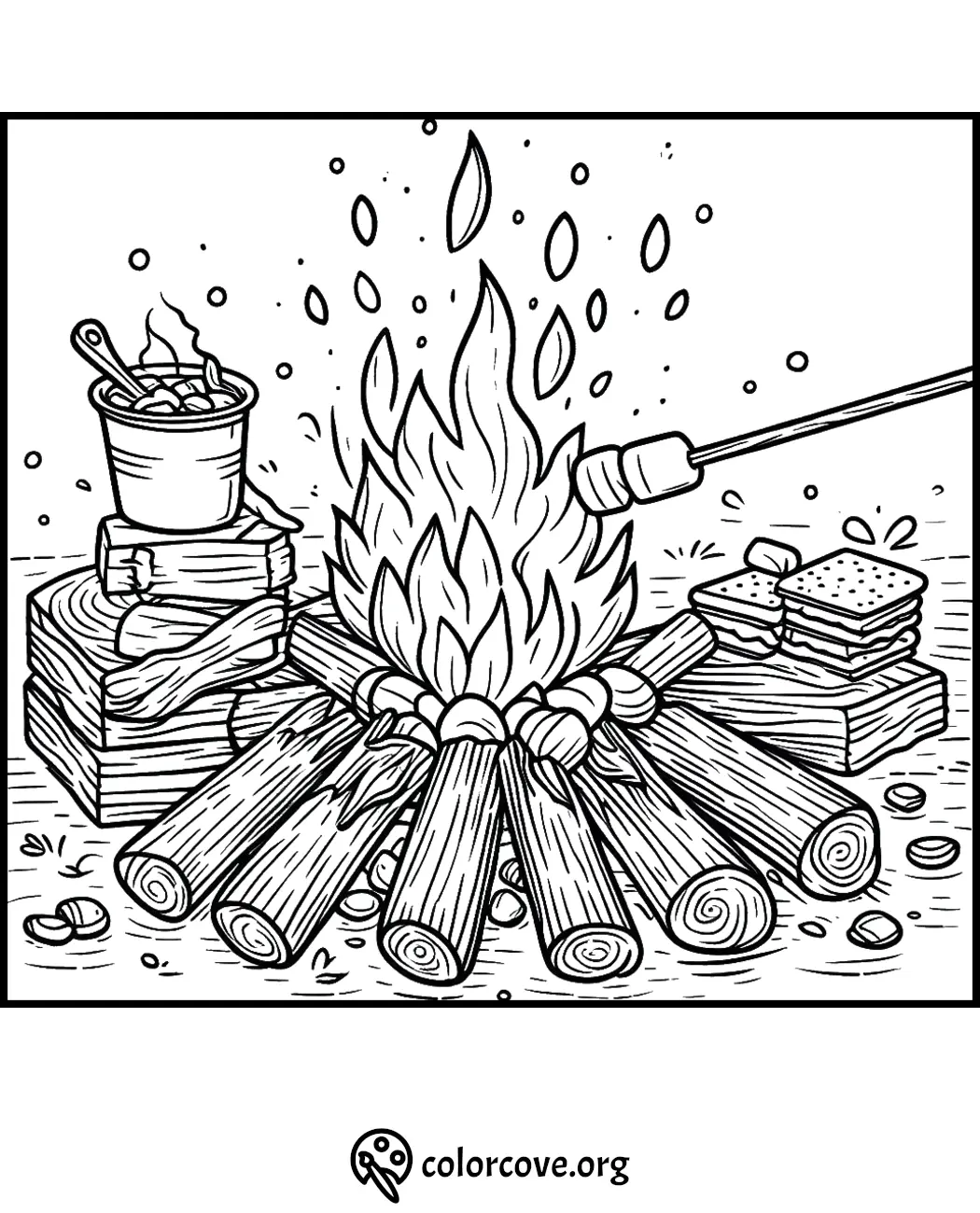 Campfire scene with roasting marshmallow, s'mores, and a mug of hot chocolate ready for coloring.