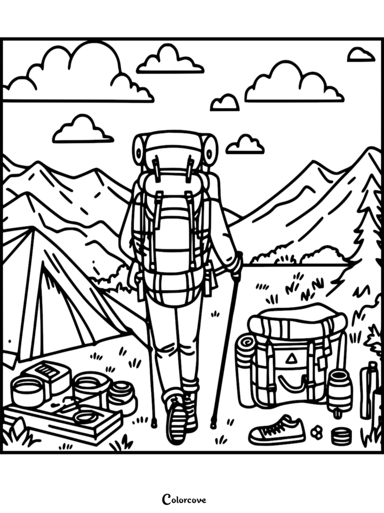 A hiker with a large backpack and trekking poles standing near a tent and camping gear in this free printable camping coloring page.