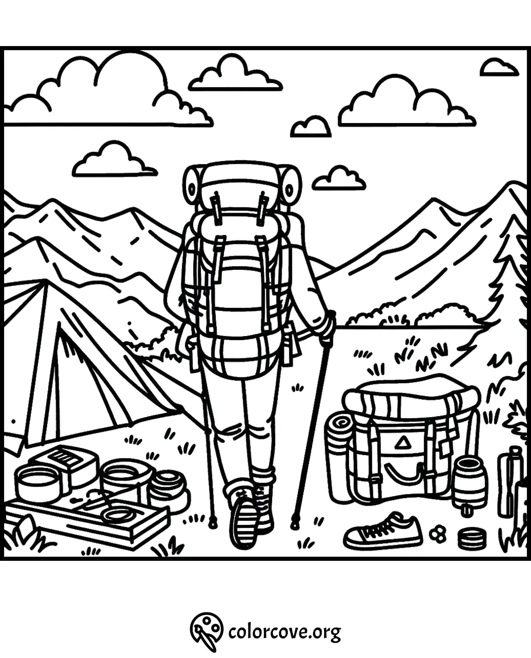 Backpacker with gear in scenic mountain landscape coloring page for outdoor enthusiasts and adventure lovers.