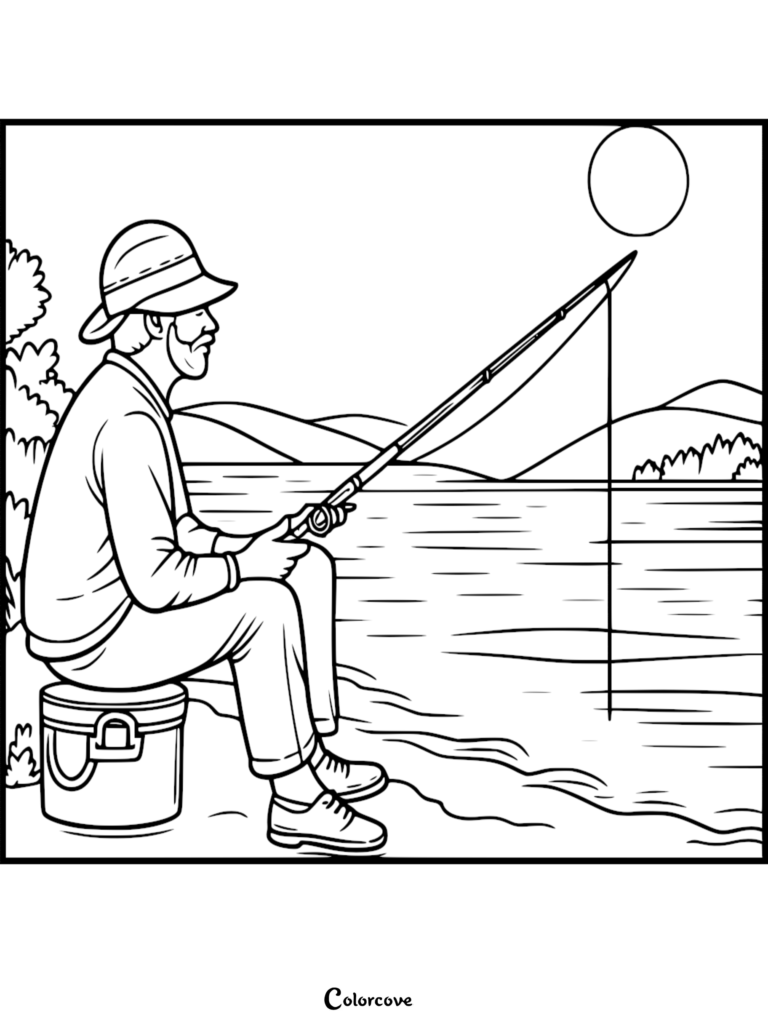 A man in a hat sitting on a cooler fishing by a lake in this free printable camping coloring page.