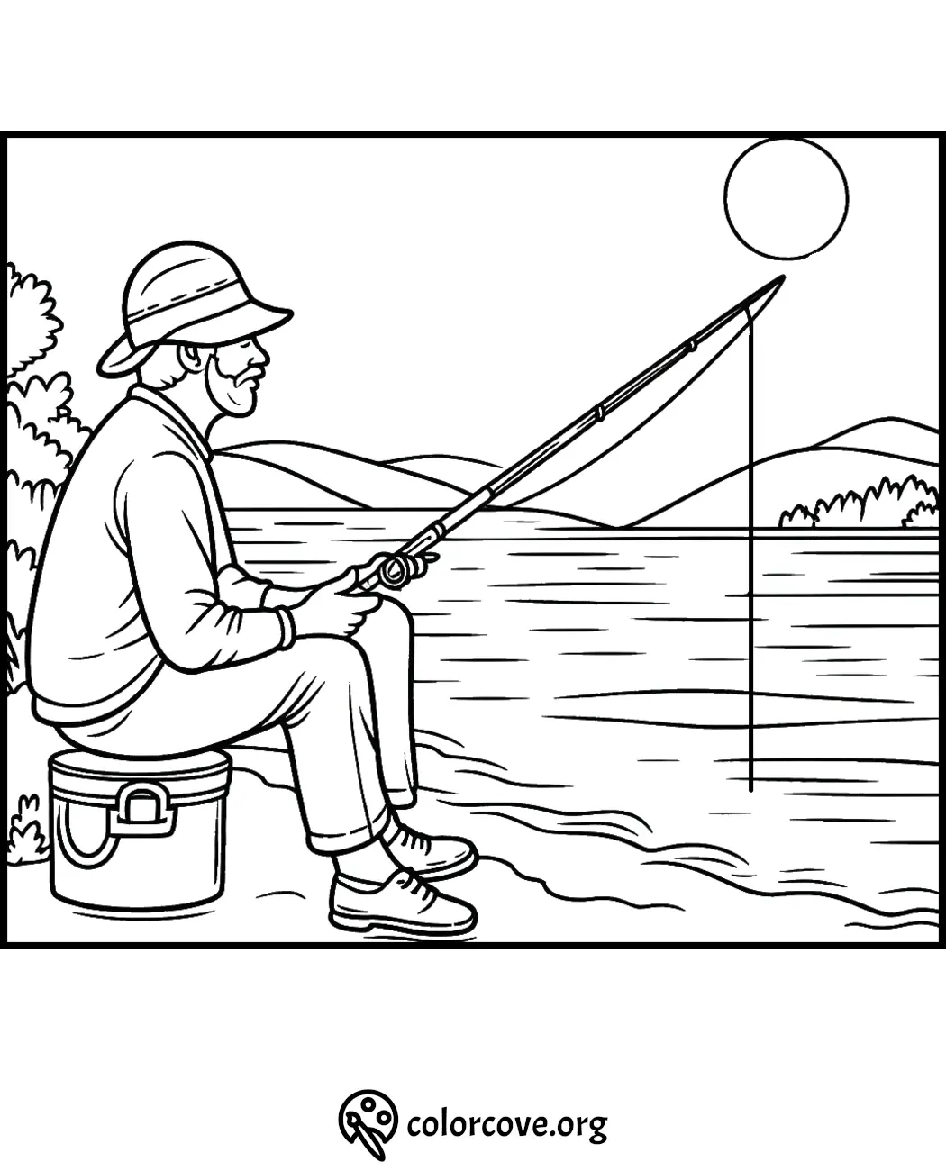 Man fishing by a lake coloring page. Relaxing outdoor activity scene for kids and adults to color.