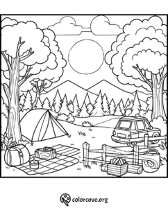 Camping scene coloring page with tent, car, trees, and mountains in nature. Perfect for outdoor adventure coloring.