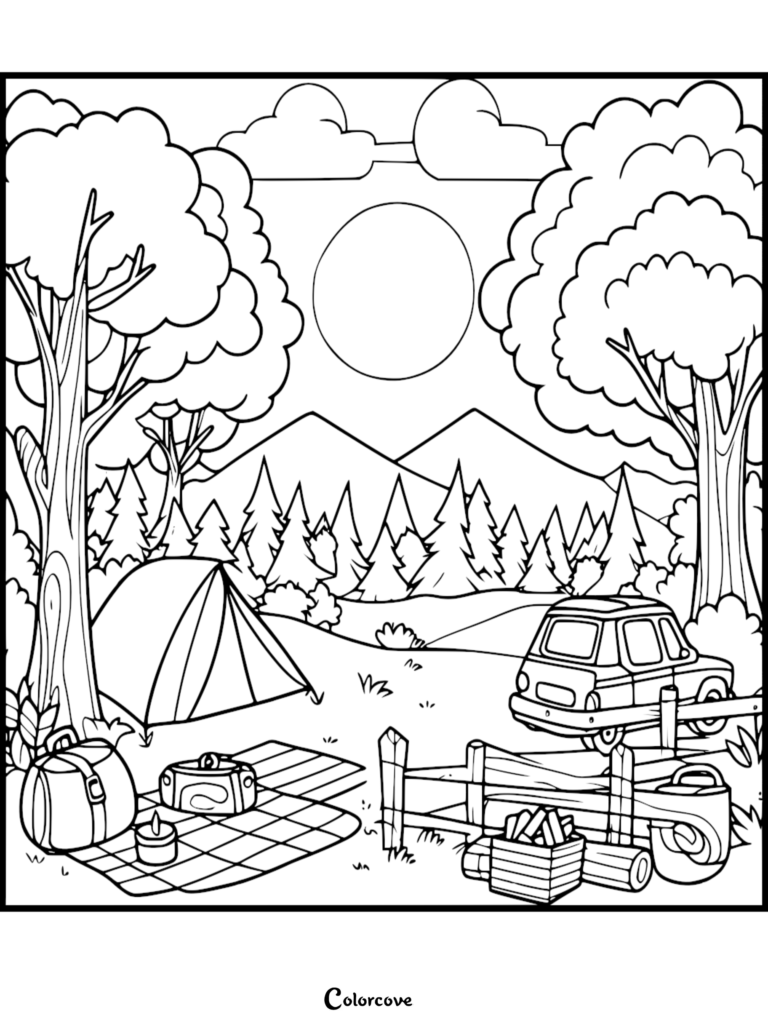 Camping coloring page 21 featuring a tent, car, and picnic blanket in a mountain forest setting.