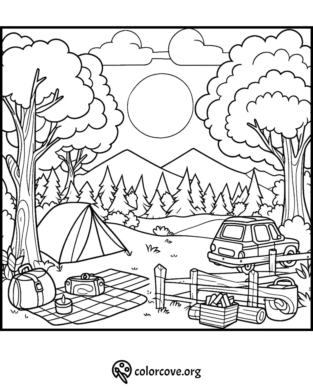 Camping scene coloring page with tent, car, trees, and mountains in nature. Perfect for outdoor adventure coloring.