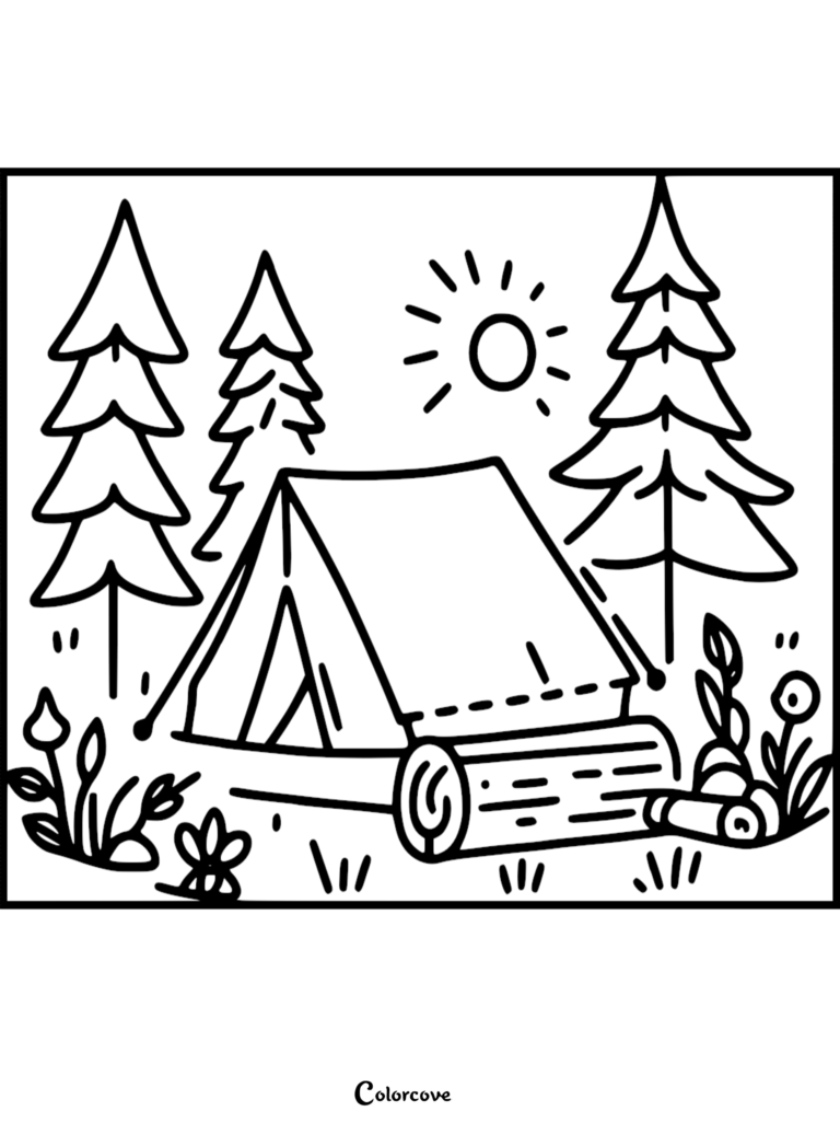 A simple camping coloring page featuring a tent, pine trees, and a log in a sunny forest setting.