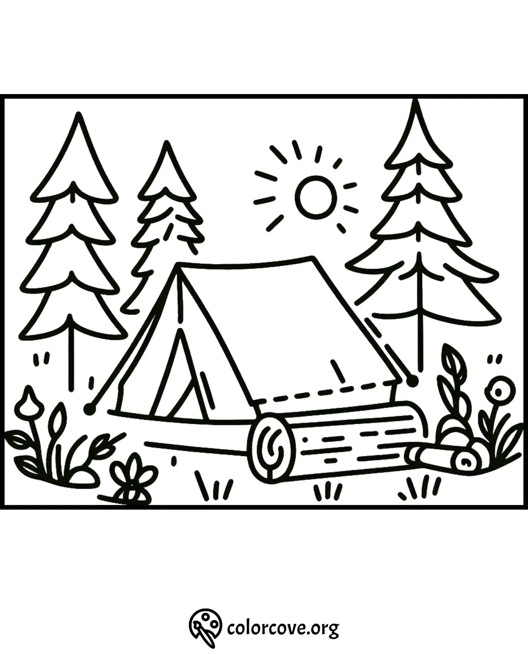 Camping coloring page with a tent, trees, sun, and flowers. Perfect for outdoor and nature-themed coloring activities.