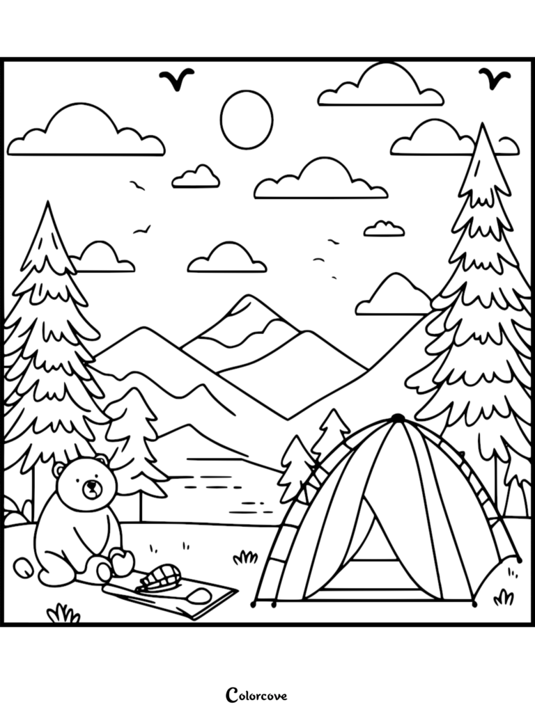 A cute bear sitting by a tent in a mountain forest scene coloring page with pine trees and birds.