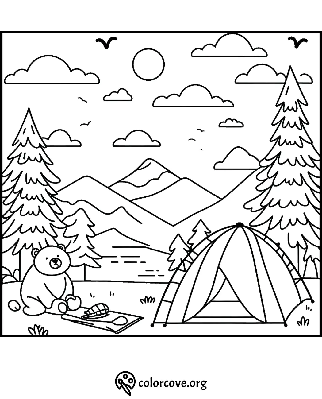 Coloring page featuring a camping scene with a bear, tent, mountains, trees, and a sunny sky.