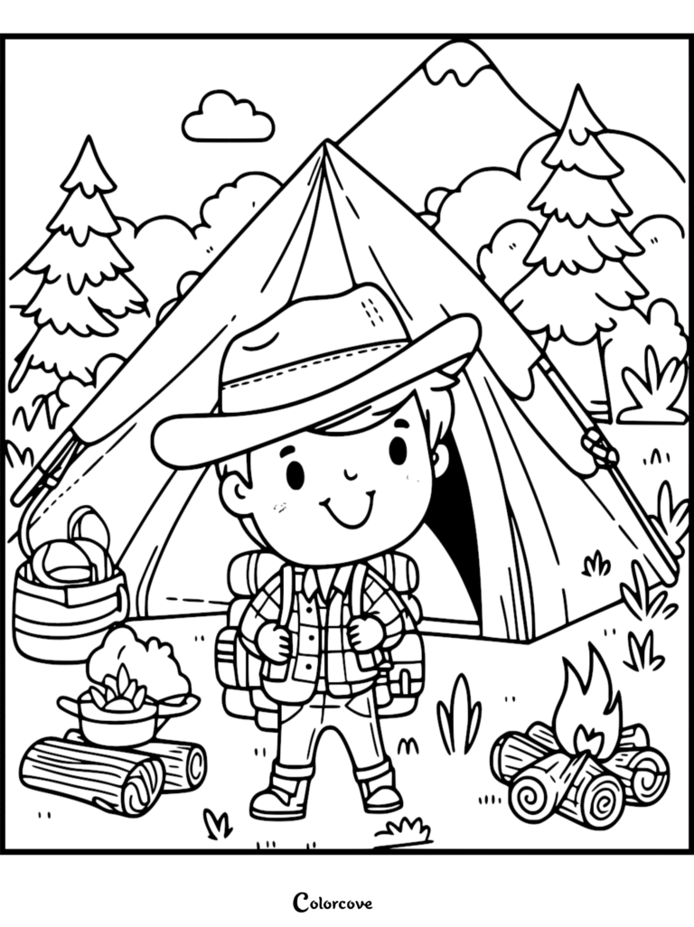 A young boy wearing a hat and backpack standing in front of a tent in a forest, featured in this camping coloring page.