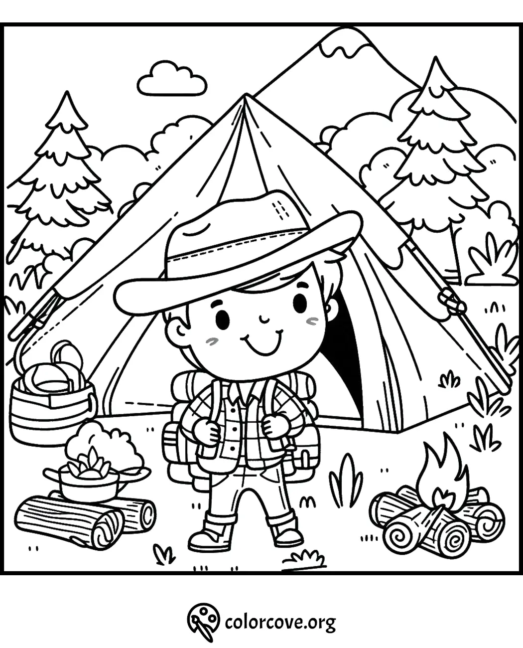 Cute camping scene coloring page with a child, tent, campfire, and forest background. Perfect for kids' adventure coloring.