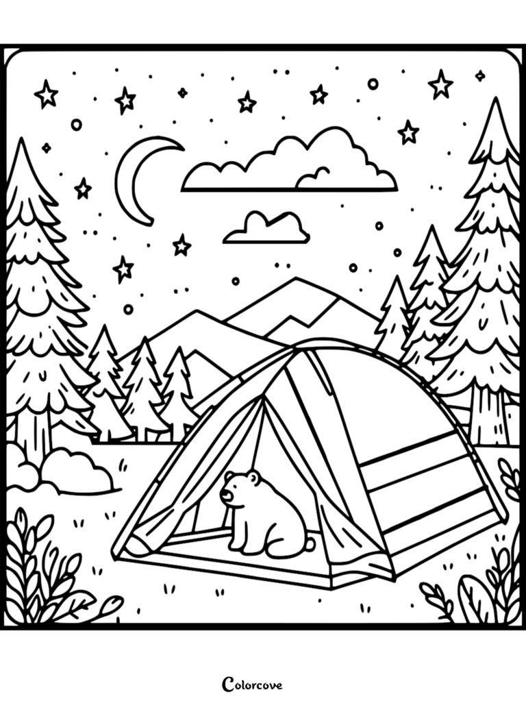 A cute bear sitting inside a camping tent at night with mountains, pine trees, and a starry sky in this printable coloring page.