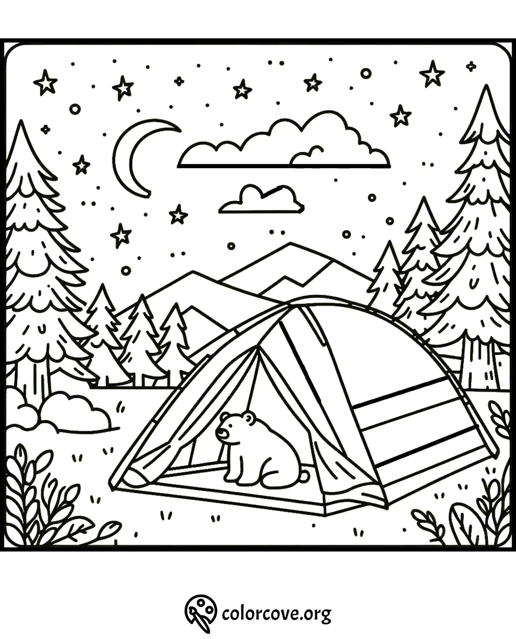 Camping scene coloring page with a bear in a tent, surrounded by trees and mountains under a starry night sky.