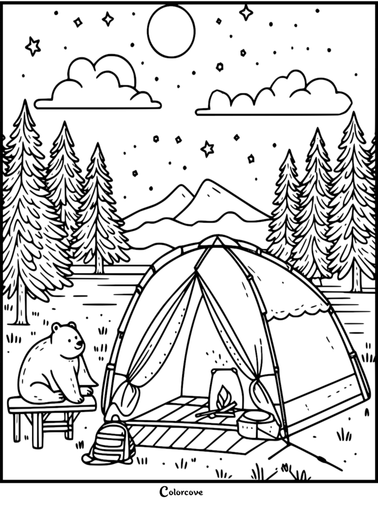 A bear sitting on a bench next to a tent in a forest under a starry night sky, printable coloring page.