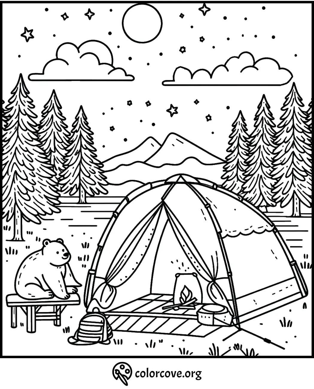 Camping scene coloring page with tent, bear, trees, mountains, and night sky. Perfect for kids' nature coloring activities.