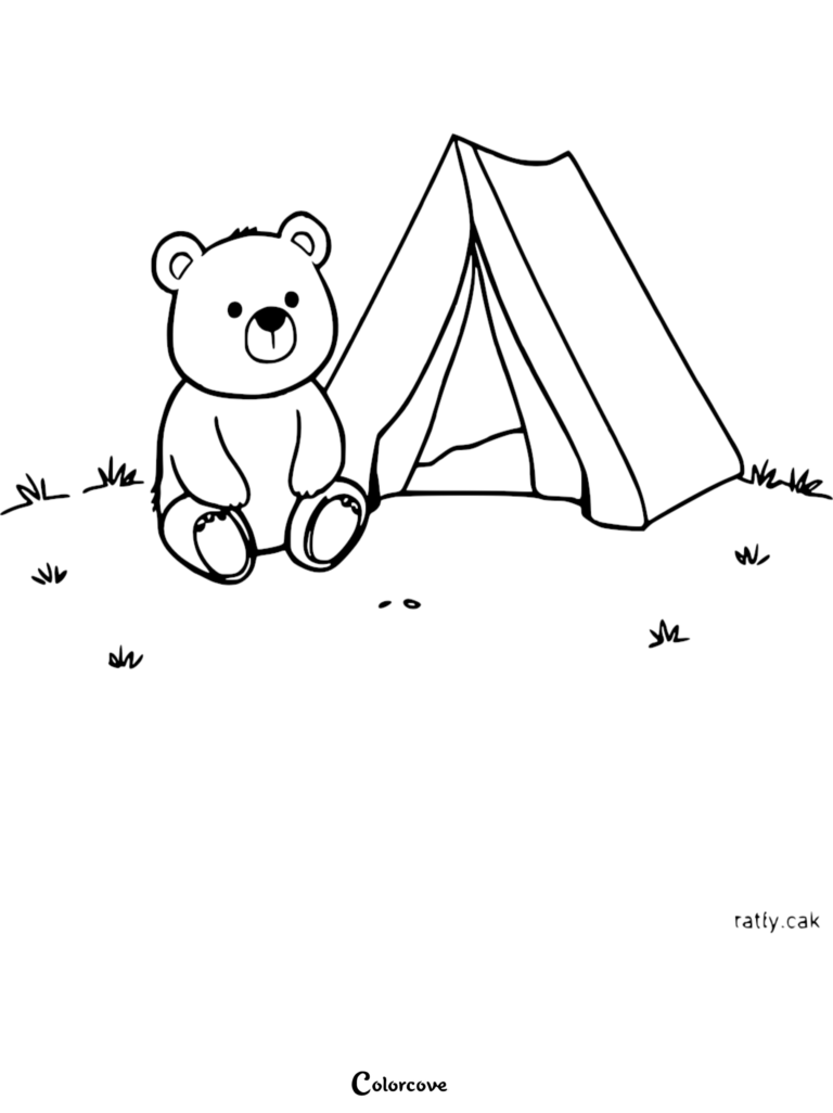 A cute teddy bear sitting next to a camping tent in a grassy field, printable coloring page.