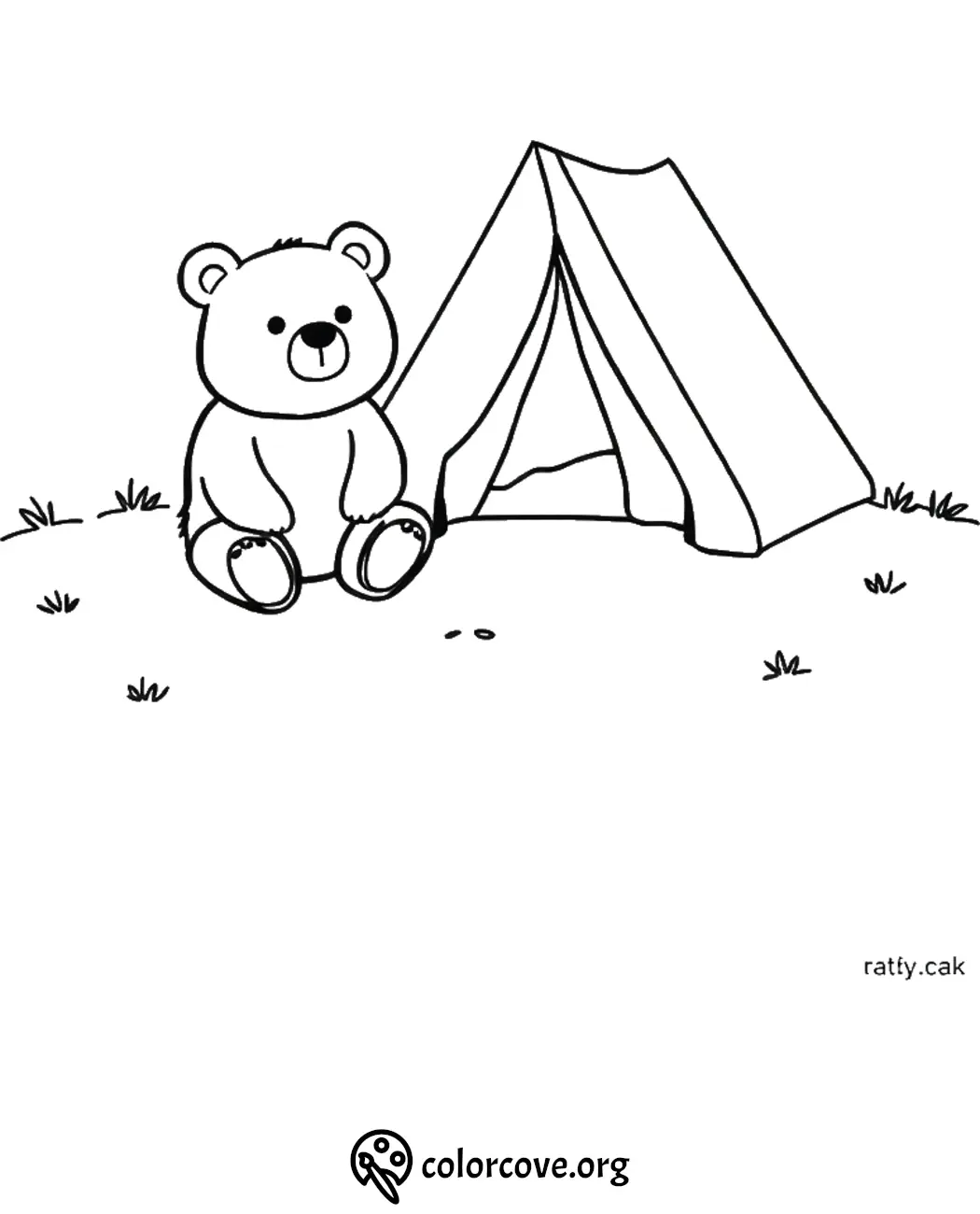 Cute bear coloring page with a teddy bear sitting beside a tent on grass. Perfect for kids' outdoor adventure theme.