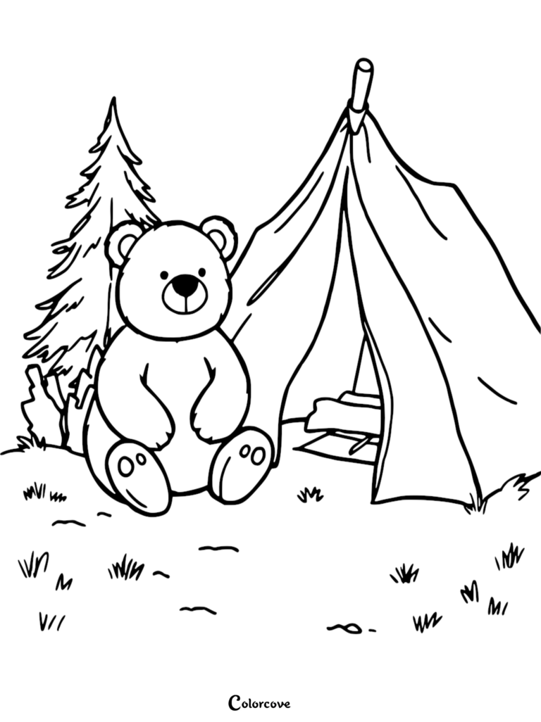 A cute bear sitting next to a camping tent and pine tree in this free printable coloring page.