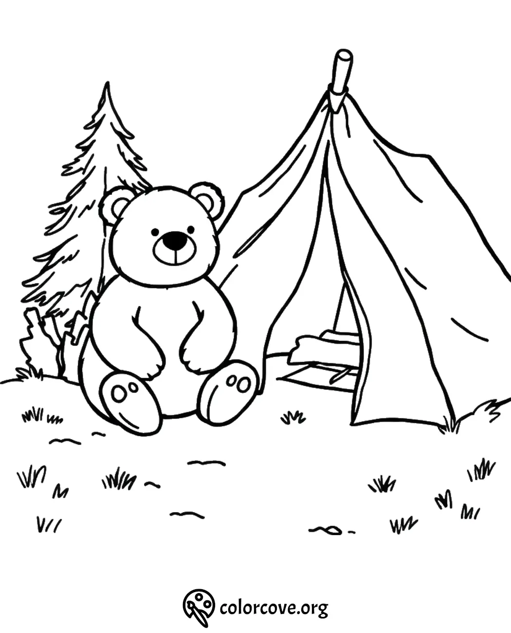 Teddy bear camping with a tent and tree, coloring page for kids. Fun outdoor adventure scene to color.