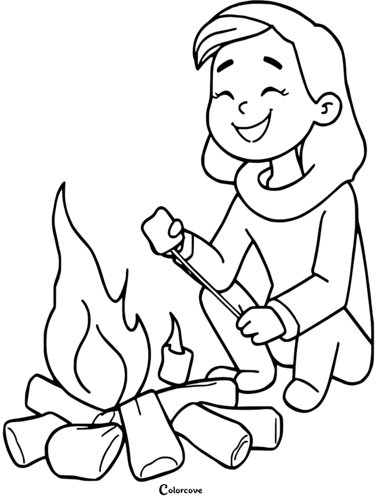 A happy girl roasting a marshmallow over a campfire in this camping coloring page free printable 29.