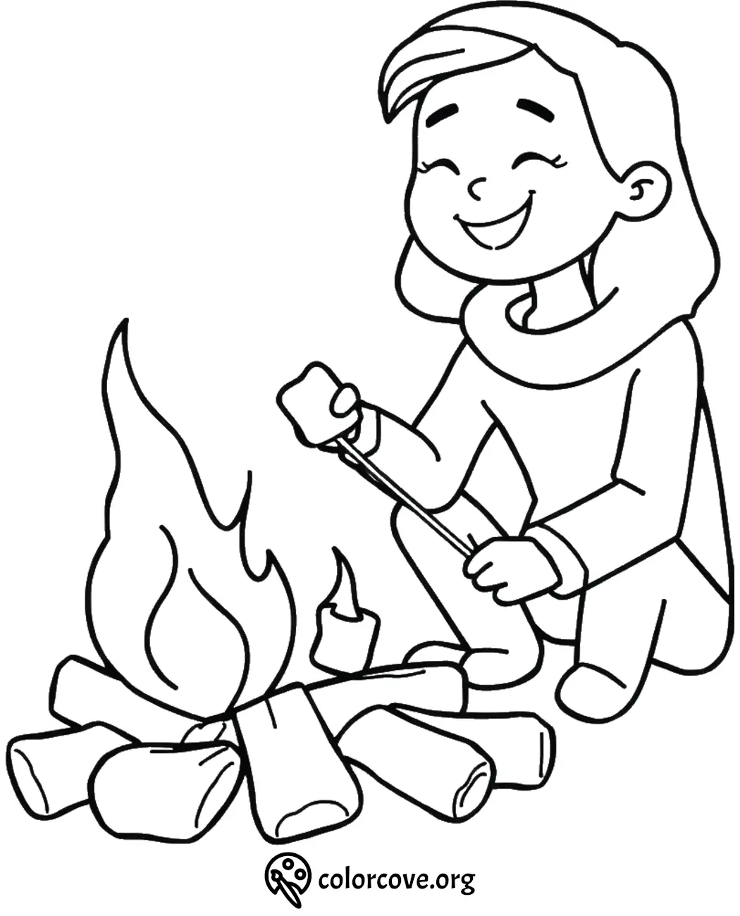 Child roasting marshmallows over a campfire, coloring page for kids.