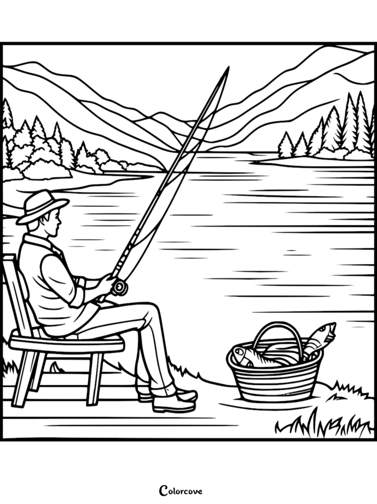 A man in a hat fishing by a mountain lake in this camping coloring page with a basket of fish nearby.